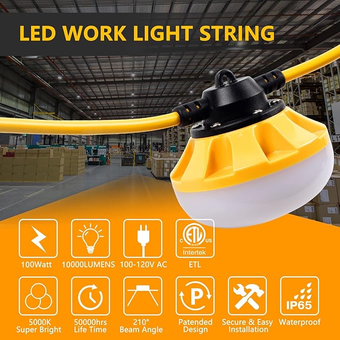 100FT LED Construction String Lights 10 Bulbs,10000LM,Industrial Grade,Weatherproof, Linkable 5000K Super Bright for Job Sites, Mining, Patios & Outdoor Work,Free for Climbing Hook 2Prong