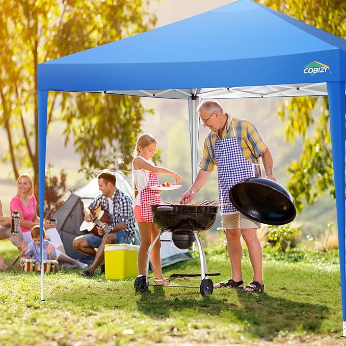 COBIZI 10x10 Pop Up Canopy Tent with 4 Sandbags, Easy Set Up Tent, Instant Outdoor Sun Shelter Canopy with 8 Stakes,4 Ropes&Carry Bag, Tents for Parties, Beach, Backyard,Camping（Blue