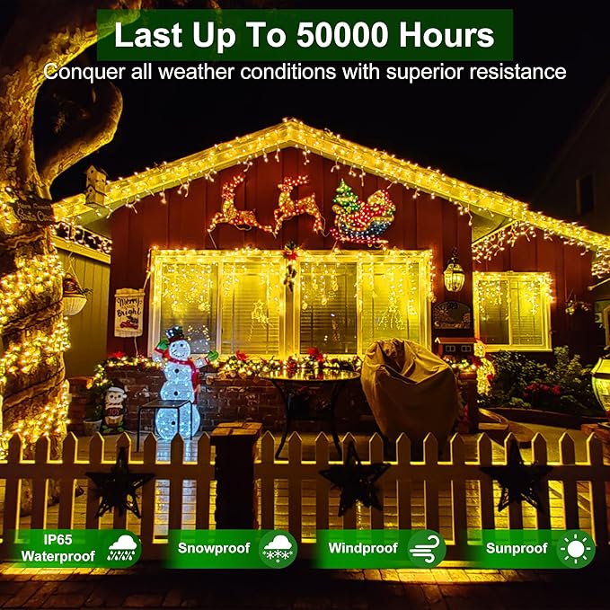 1332 LED 131FT Extra Long Icicle Lights - 296 Drops Waterproof Christmas Lights 12 Modes, Outdoor Christmas Decor for Mall Hotel Fence Holiday Lighting Warm White