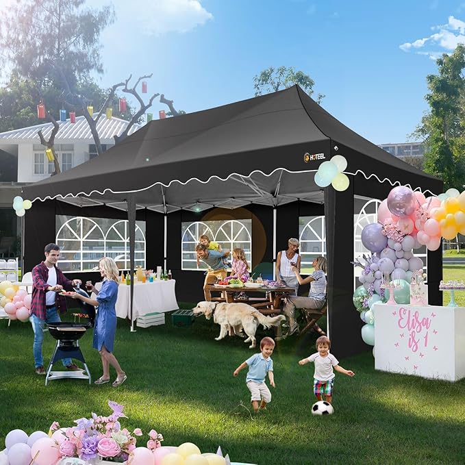 HOTEEL 10x20 Pop up Canopy Tent with 6 Removable Sidewalls, Wave Hem Roof 10x20 Canopy with Wheel Bag and 4 Sandbag, Commercial Pop up Tent Waterproof Sunshade for Wedding Party Stall(Black)