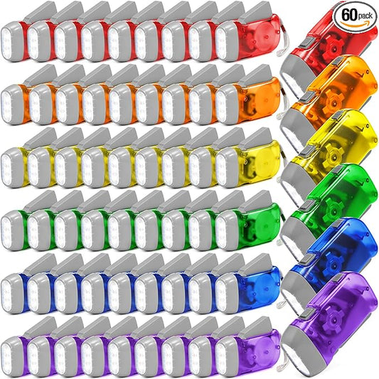 Treela 60 Pack Hand Crank Flashlight Operation Christmas Items Bulk Squeeze Flashlight No Battery Required Torchlight 3 LED Self Powered Charging(Red, Blue, Purple, Orange, Yellow, Green)