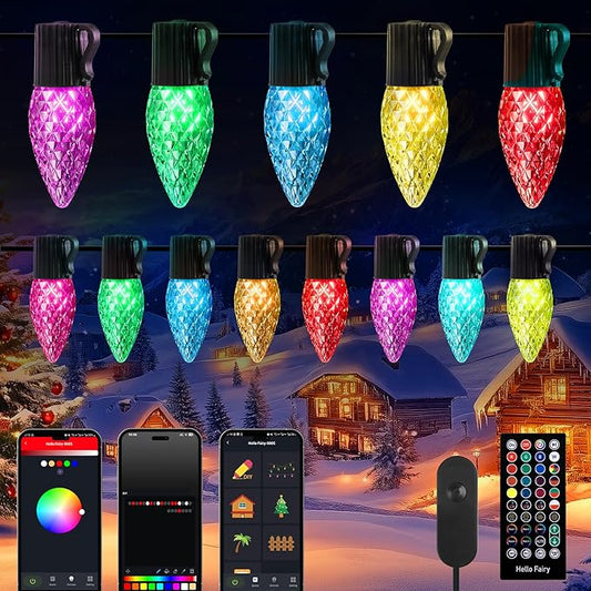 Brightown Smart C9 Christmas Lights Outdoor, 100 LED Christmas Color Changing Fairy Lights App Control, Music Sync, RGB, Shatterproof Connectable C9 String Lights for Tree House Indoor Xmas Decor