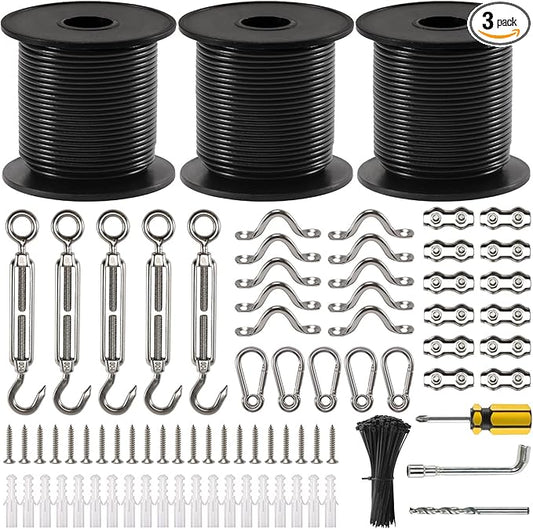 String Light Hanging Kit, 300 Ft Nylon Coated Stainless Steel Cable and Enough Accessories, Guide Wire for Outdoor String Lights, Patio Light, Camping Light