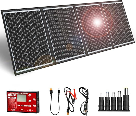 DOKIO 200W 36V Black Portable Solar Panels Kit Folding Solar Charger for 24v Batteries/Power Station AGM LiFePo4 RV Camping Trailer Car Marine