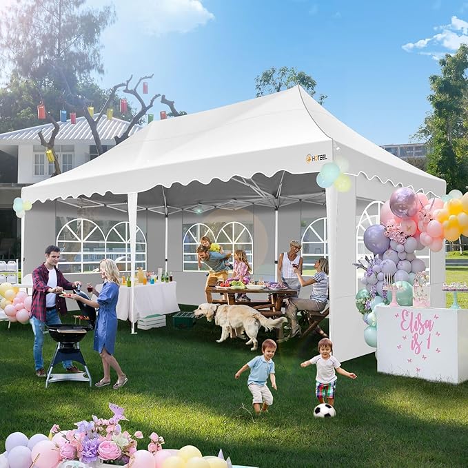 HOTEEL 10x20 Pop up Canopy Tent with 6 Removable Sidewalls, Wave Hem Roof 10x20 Canopy with Wheel Bag and 4 Sandbag, Commercial Pop up Tent Waterproof Sunshade for Wedding Party Stall(White)