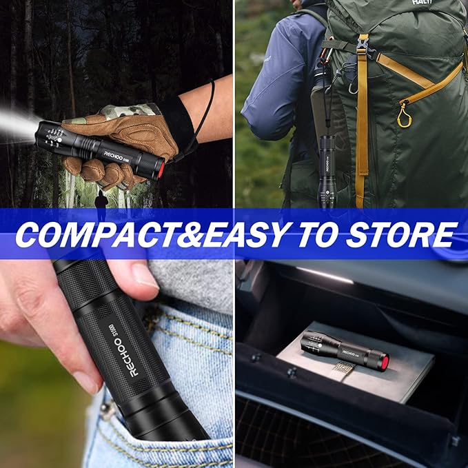 RECHOO 2 Pack LED Flashlights High Lumens - 5 Modes, Zoomable, Waterproof & Super Bright Tactical Torch for Camping, Hiking, Emergency, Home Essentials (Batteries not Included)
