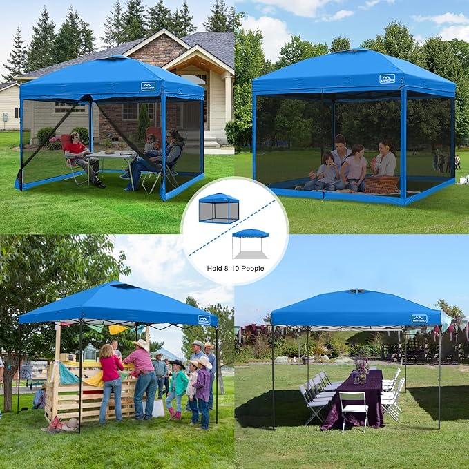 KAMPKEEPER 10x10 Pop Up Canopy with Mosquito Netting,Instant Outdoor Screen Tent Sun Shade for Events Patio Camping Picnic,Gazebo with 4 Sandbags,1 Wheeled Bag(Light Blue)