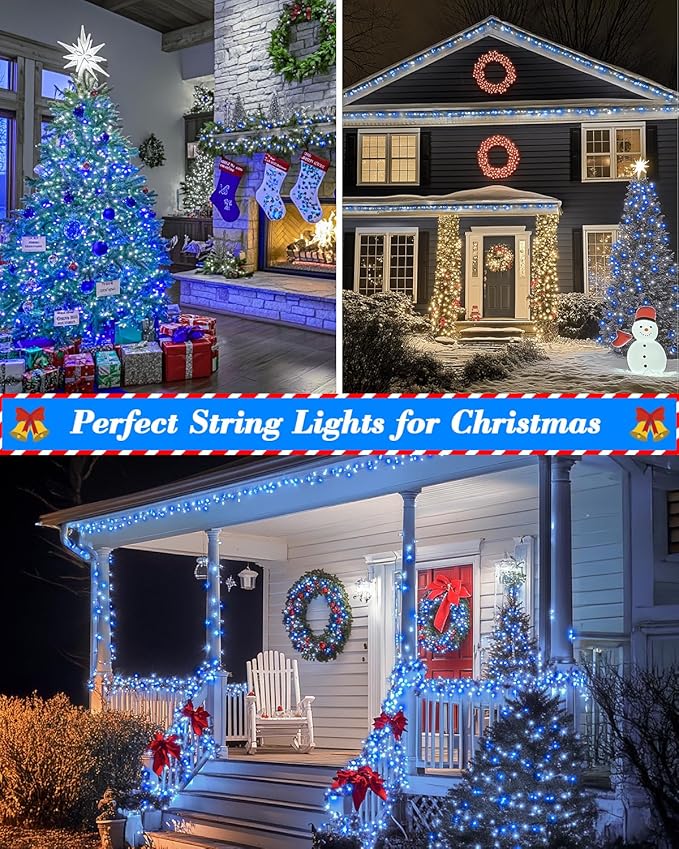 355FT 900 LED Christmas Lights, Extra Long Outdoor String Lights Waterproof, Timer & Memory, 8 Modes Dimmable Plug in Fairy Lights for Outside Tree Wedding Patry Holiday Decorations, Blue and White