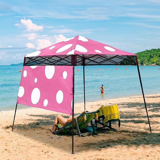 EAGLE PEAK 8x8 Pop Up Canopy Tent with Sidewall, Compact, Portable Slant Leg Instant Sun Shelter for Beach, Sports, & Camping, 8x8 Base 6x6 Top, Pink Mushroom