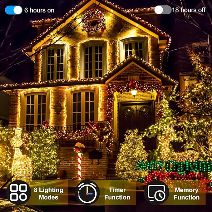 492FT Christmas Lights Outdoor, 1300 LED Extra Long LED String Lights 8 Modes Christmas Tree Lights, with Timer & Momory Function Waterproof Decorations for Xmas Yard Tree Party Home Garden Warm White