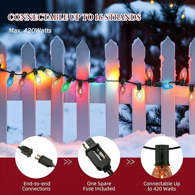 Kawaya Outdoor Christmas C9 LED String Lights - 25ft 25 Bulbs Multi Colored Indoor Decorations, IP65 Commercial Waterproof for Tree, Outside Roof, House, Walkway, Pathway