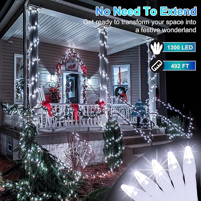 492FT Christmas Lights Outdoor, 1300 LED Extra Long LED String Lights 8 Modes Christmas Tree Lights, with Timer & Momory Function Waterproof Decorations for Xmas Yard Tree Party Home Garden Cool White
