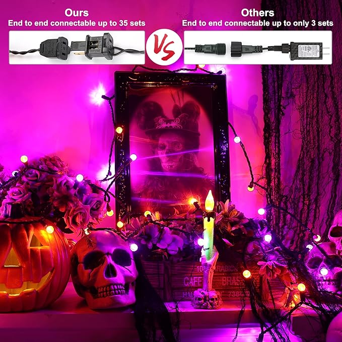 Brizled Purple Orange Halloween Lights, 24.67ft 70 LED G12 Halloween String Lights Outdoor, 120V Plugin Purple Orange Lights Connectable Halloween Light Set for Halloween Tree Outdoor Indoor Decor