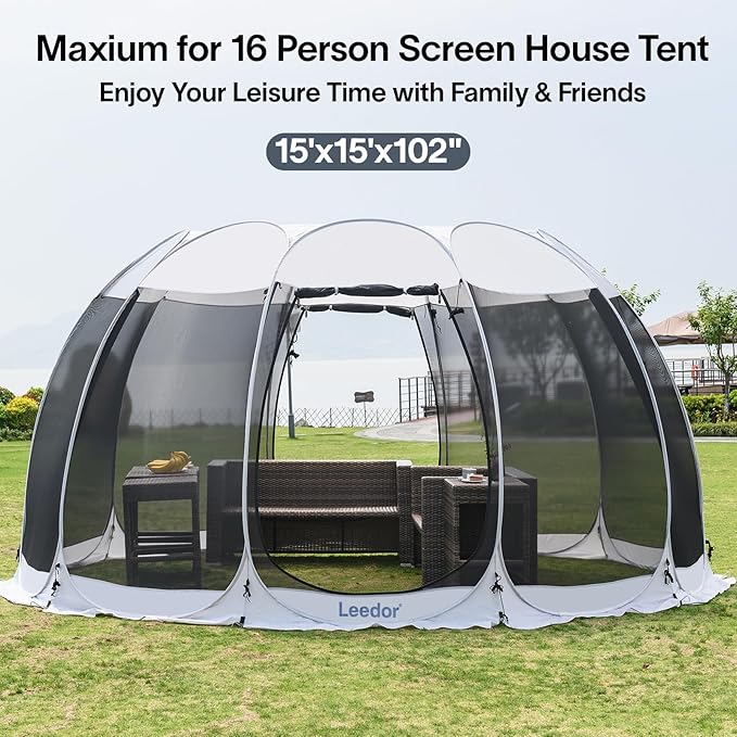 LEEDOR Pop Up Screen House, 6-10-15 Person Outdoor Screen Tent，Camping Screen Room with Carry Bag, Screened Gazebo with Mosquito Netting, Instant UV Resistant Sun Shelter for Garden, Patio, Backyard