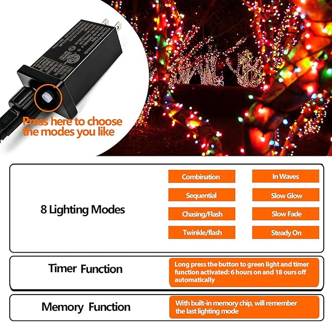 33 FT 100 LED Christmas Decoration Indoor Outdoor, Connetable Green Wire Waterproof Mini Lights with Memory Function & Timer & 8 Modes for Xmas Tree Birthday Wedding Garden Party Decor (Multicolor)
