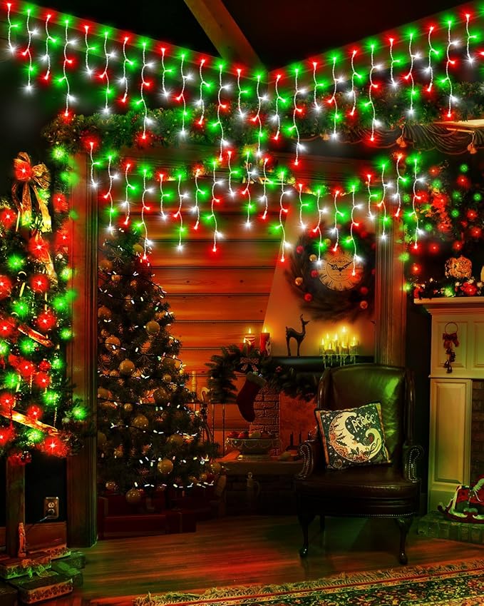 Christmas Lights Outdoor, 53 FT 486 LED Christmas Lights for Outside, Timer & Memory, Plug in 8 Modes Hanging Fairy Light with 108 Drops for House Eaves Yard Patio Decorations, Red Green and White
