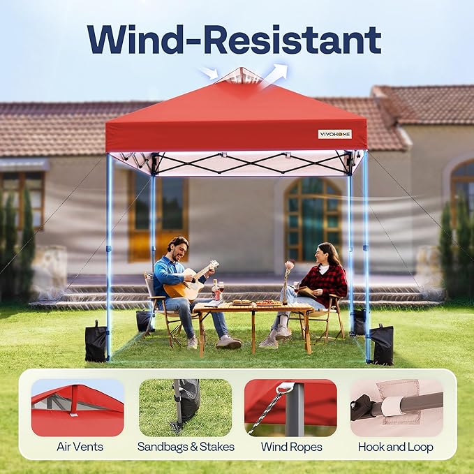 VIVOHOME 8x8ft Pop Up Canopy Tent One Push Setup Outdoor Portable Shelter Tent Heavy Duty with Wheel Carry Bag and 4 Sandbags, Red