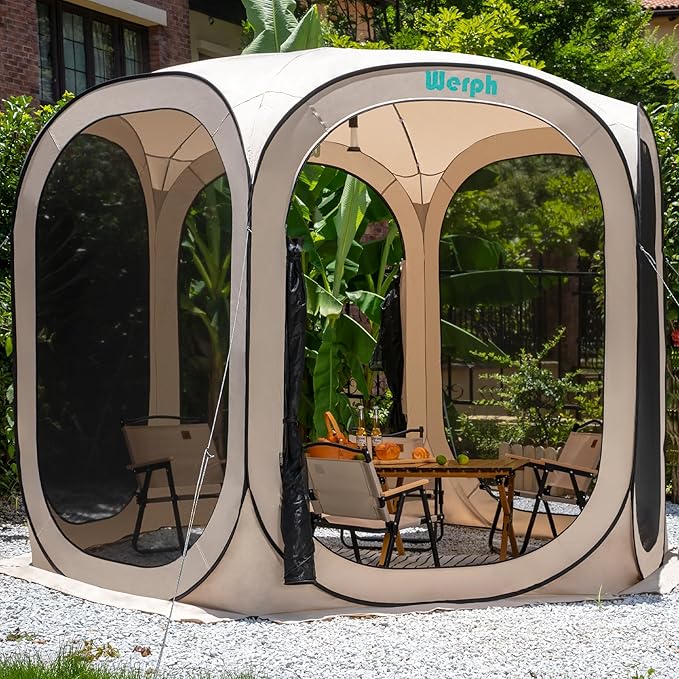Screen Tent Pop-Up, Portable Tent Canopy with Mesh Mosquito Net, Screen House Room Canopy Shade Screen Houese 10x 10 FT with Carry Bag for Patio, Backyard, Sports & Outdoors Activities, Beige