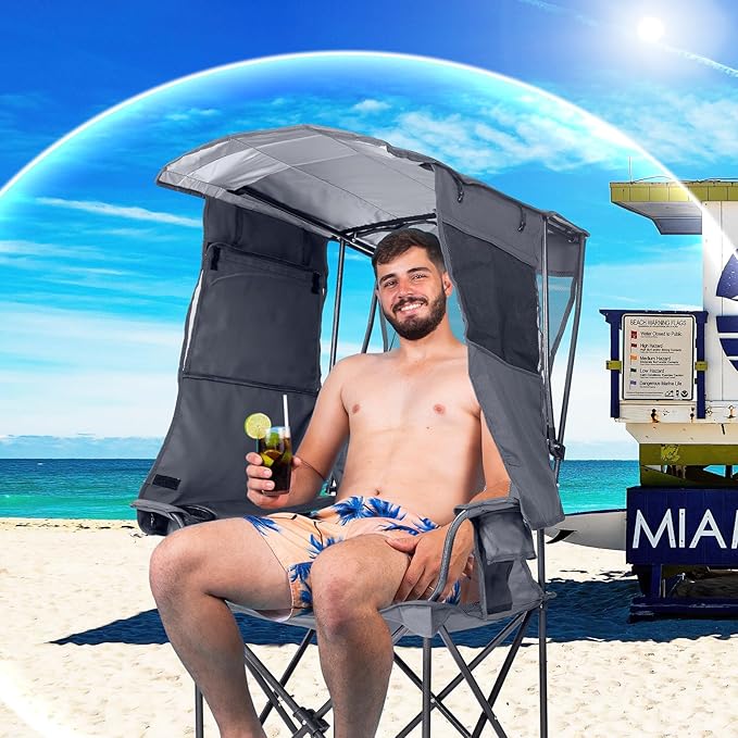 Camping Chair with Canopy Shade - Folding Beach Chair with UPF 50+ Sun Shade, Cup Holder, Side Pocket, Portable Sports Chair for Adults Support 330 LBS, Fishing Camp Outdoor Lawn Chair - Grey