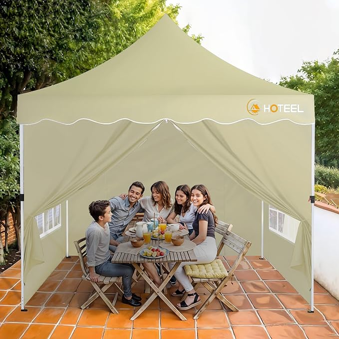 HOTEEL 10×10 Pop Up Canopy with 4 Sidewalls, UV 50+ and Waterproof Canopy Tent 10×10, Thickened Frame, Large Space Easy Pop Up Canopy, Outdoor Canopy for Weddings, Beaches, Parties, Patio (Khaki)
