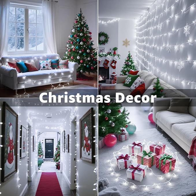 Christmas Decorations Connectable White String Lights Indoor, 150 LED Super Bright String Lights, 8 Modes Christmas Lights Plug in Twinkle Fairy Lights for Classroom Decorations