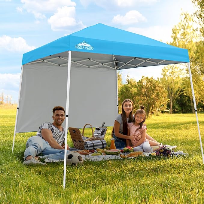 EAGLE PEAK 10x10 Pop Up Canopy Tent with Sidewall, Compact, Portable Slant Leg Instant Sun Shelter for Beach, Sports, & Camping, 10x10 Base 8x8 Top, Light Blue