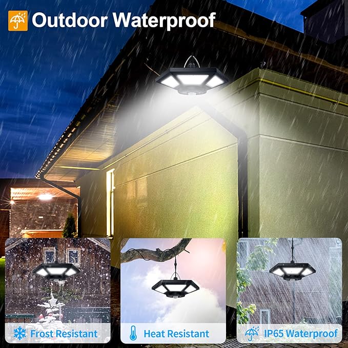 Solar Pendant Light Indoor/Outdoor with Remote Control, 360 Waterproof Solar Light with Motion Sensor/Timer/5 Modes for Home Shed Garage Barn