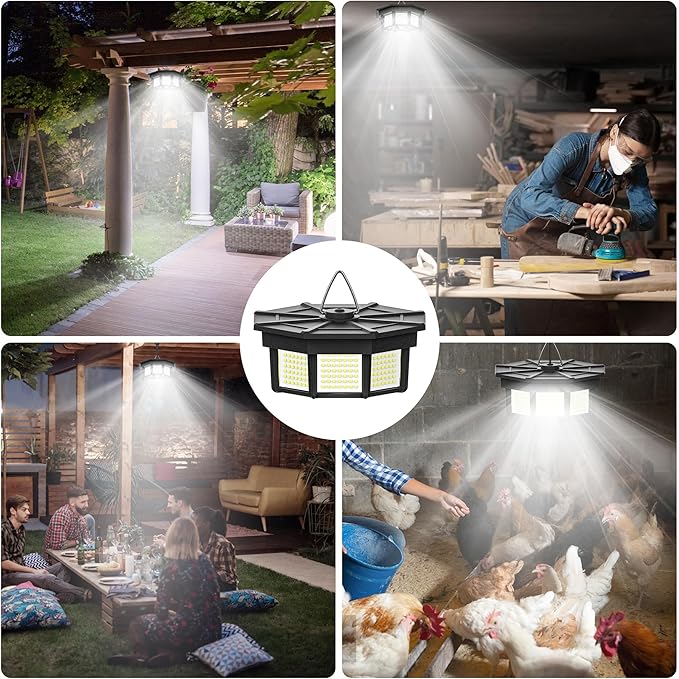 2 Pack Solar Shed Light Indoor Outdoor 1200LM Solar Powered Pendant Daywork Light 288LED 8-Faces Motion Sensor with 5 Lighting Modes & Remote Control for Gazebo Garage Patio Barn Shed House