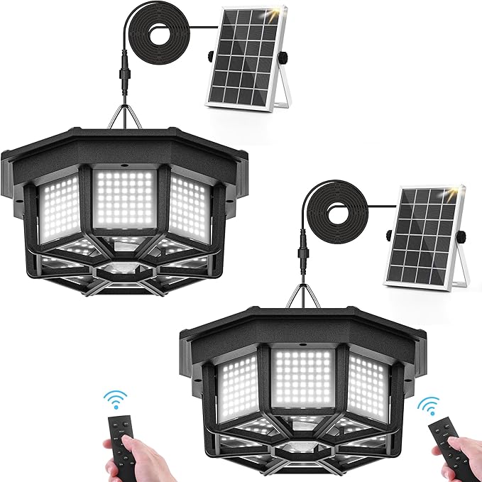 2 Pack Solar Shed Light Indoor Outdoor 1200LM Solar Powered Pendant Daywork Light 288LED 8-Faces Motion Sensor with 5 Lighting Modes & Remote Control for Gazebo Garage Patio Barn Shed House