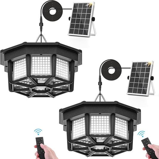 2 Pack Solar Shed Light Indoor Outdoor 1200LM Solar Powered Pendant Daywork Light 288LED 8-Faces Motion Sensor with 5 Lighting Modes & Remote Control for Gazebo Garage Patio Barn Shed House