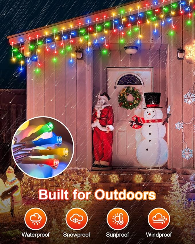 159 FT Christmas Lights Outdoor, 1458 LED Waterproof Outside Christmas Lights Plug in, Timer & Memory, 8 Modes Fairy Lights with 324 Drops for House Eaves Yard Patio Decorations, Multicolor