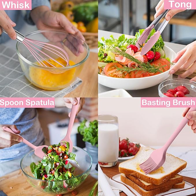 LIANYU 15 Piece Cooking Utensils Set with Stainless Steel Handle, Silicone Kitchen Gadgets with Holder, Heat Resistant Spatula Spoon Turner Tong Whisk Brush Tools for Cooking, Dishwasher Safe, Pink