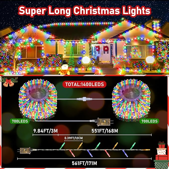 XURISEN Upgraded 561FT 1400 LED Christmas Lights Outdoor, Super Long String Lights 8 Modes & Memory Timer Plug in Fairy Lights for Home Xmas Tree Party Wedding Decor -Multicolor