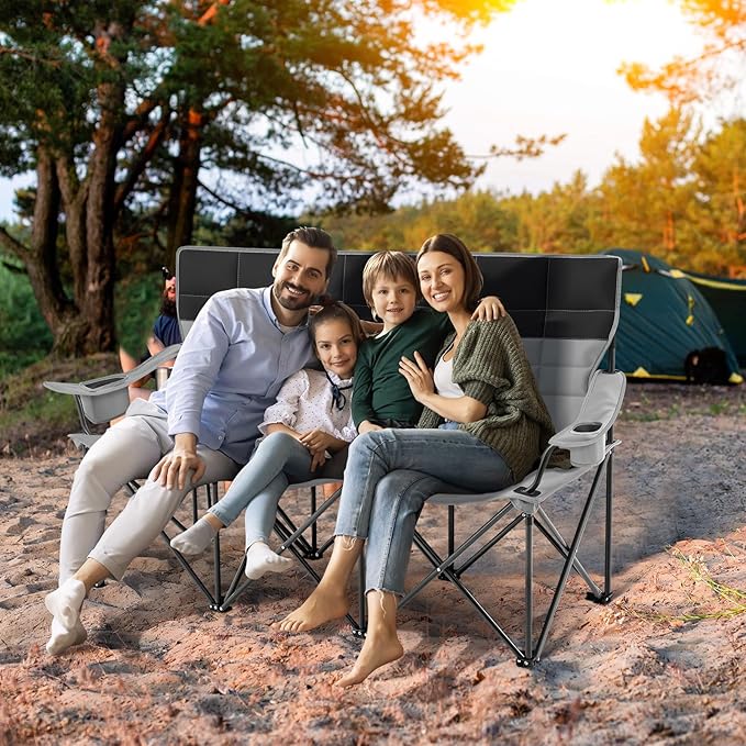 Oversized Double Camping Couch Chair Outdoor Fully Padded Folding Sofa, 3 Person Capacity Camping Chair, Extra Large Sturdy Bench for Campsites, Soccer Games, Backyard Party, Fall Outdoor Activities