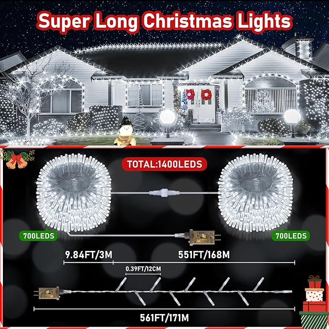 XURISEN Upgraded 561FT 1400 LED Christmas Lights Outdoor, Super Long String Lights 8 Modes & Memory Timer Plug in Fairy Lights for Home Xmas Tree Party Wedding Decor -Cool White