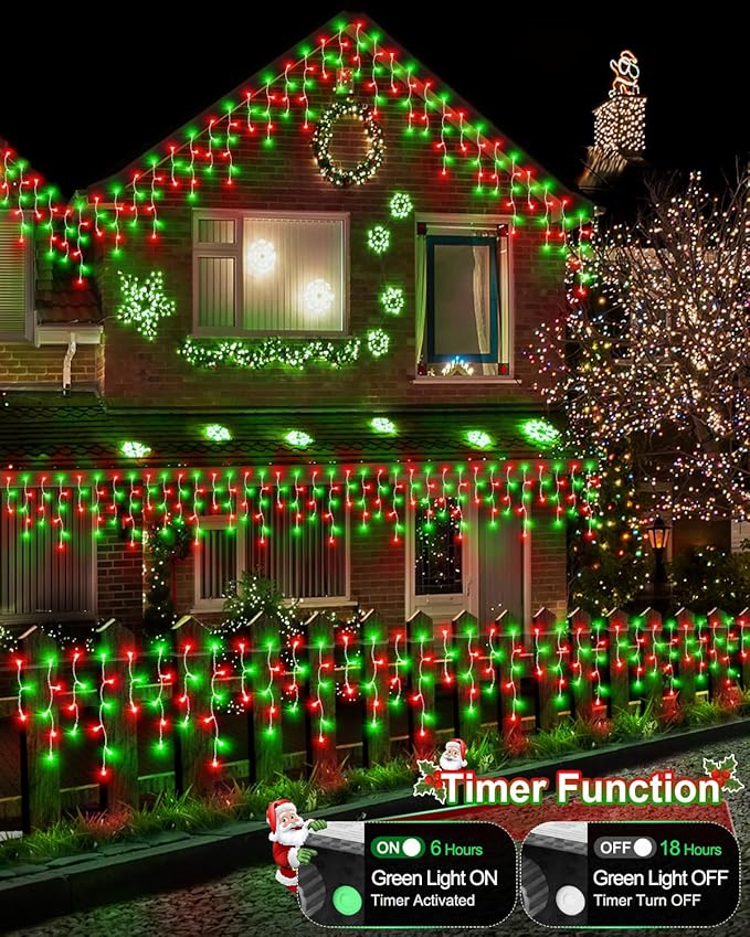 106 FT Christmas Lights Outdoor, 972 LED Waterproof Outside Christmas Lights Plug in, Connectable 8 Modes Hanging Fairy Lights with 216 Drops for House Eaves Yard Patio Decoration, Red and Green