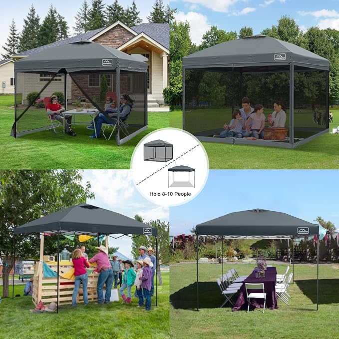 KAMPKEEPER 10x10 Pop Up Canopy with Mosquito Netting,Instant Outdoor Screen Tent Sun Shade for Events Patio Camping Picnic,Gazebo with 4 Sandbags,1 Wheeled Bag(Dark Grey)