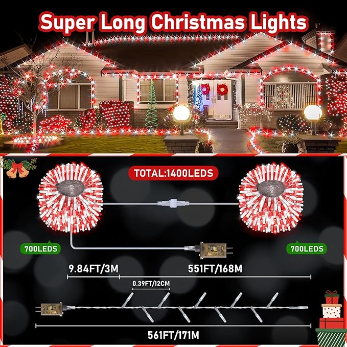 XURISEN Upgraded 561FT 1400 LED Christmas Lights Outdoor, Super Long String Lights 8 Modes & Memory Timer Plug in Fairy Lights for Home Xmas Tree Party Wedding Decor -Red and White