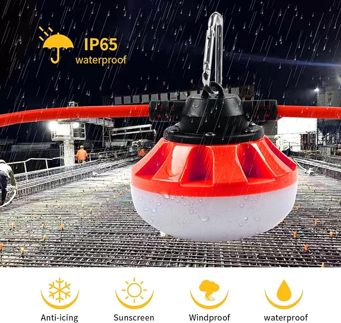 50FT LED Construction String Lights, 5 Medium Base Sockets, Linkable Job Site Lighting, 5000LM, Red, 50FT, Outdoor, Indoor