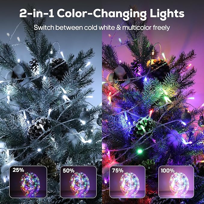 300 LED Christmas Fairy String Lights, Outdoor 128FT Waterproof Twinkle Lights, Color Changing String Lights, 11 Lighting Modes, Timing, Christmas Decoration-Multicolor to Cold White