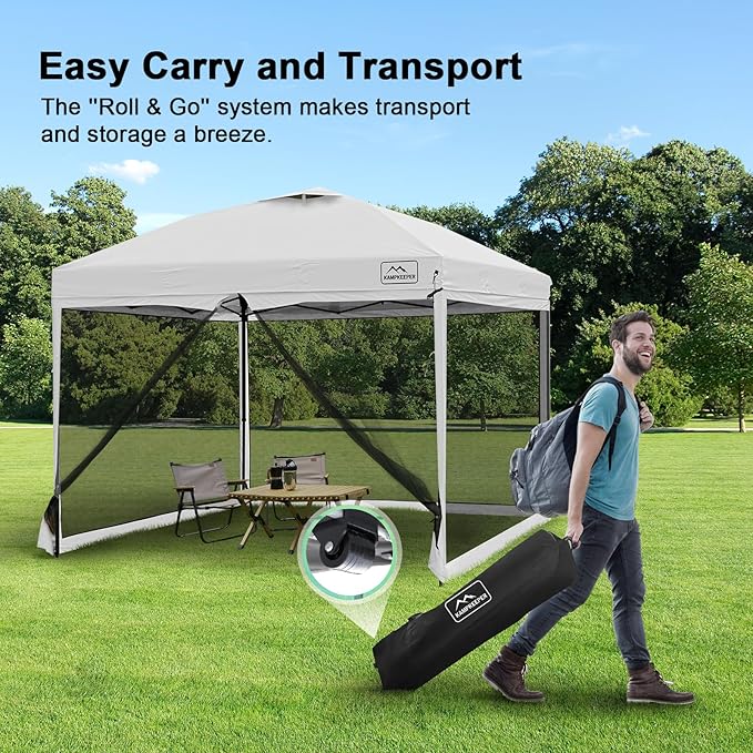 KAMPKEEPER 10x10 Pop Up Canopy with Mosquito Netting,Instant Outdoor Screen Tent Sun Shade for Events Patio Camping Picnic,Gazebo with 4 Sandbags,1 Wheeled Bag(White)