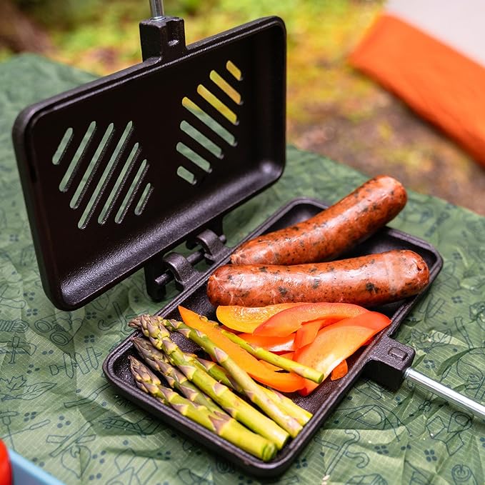 Coghlan's Pre-Seasoned Cast Iron Broiler with Removable Handles, Break-Apart Hinge – Ideal for Grilling Burgers, Steaks, and Roasting Vegetables Over Campfires or BBQs – Compact and Easy to Clean