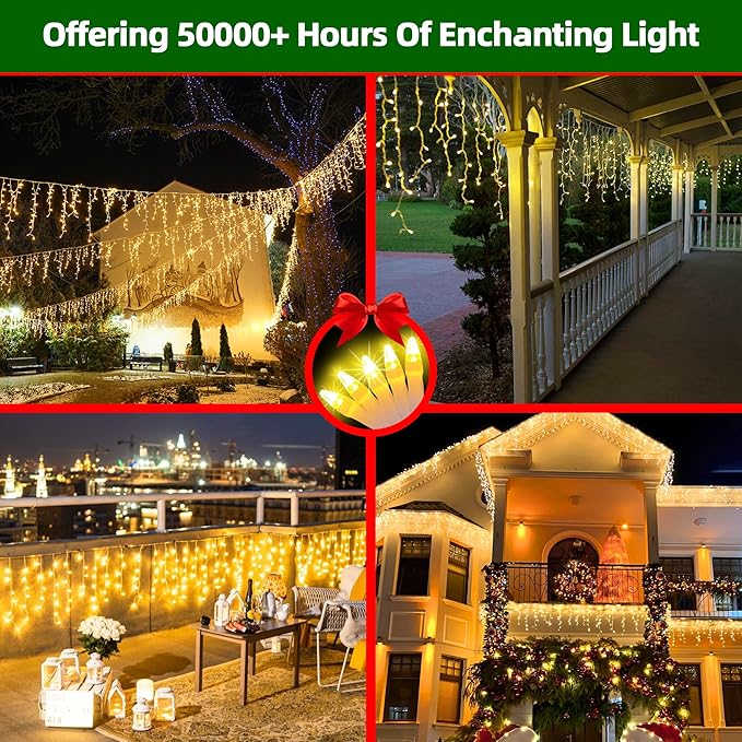 1332 LED 131FT Extra Long Icicle Lights - 296 Drops Waterproof Christmas Lights 12 Modes, Outdoor Christmas Decor for Mall Hotel Fence Holiday Lighting Warm White