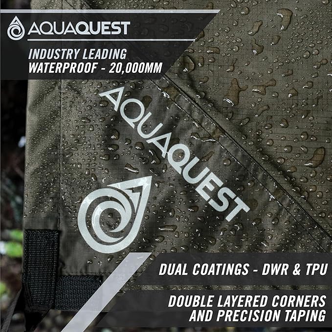 AquaQuest Defender Tarp – 100% Waterproof (20,000mm) Heavy-Duty Shelter for Camping, Bushcraft, Survival, Hammock, Basecamp, Hunting, Hiking & All-Season Use – 30 Options Available: 5 Sizes & 6 Colors