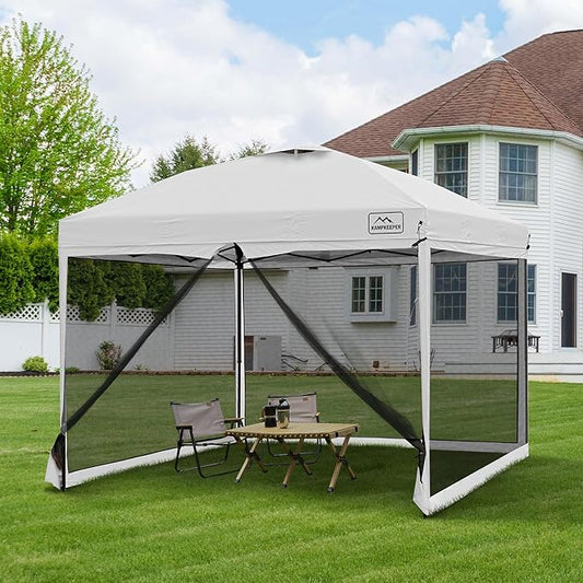 KAMPKEEPER 10x10 Pop Up Canopy with Mosquito Netting,Instant Outdoor Screen Tent Sun Shade for Events Patio Camping Picnic,Gazebo with 4 Sandbags,1 Wheeled Bag(White)