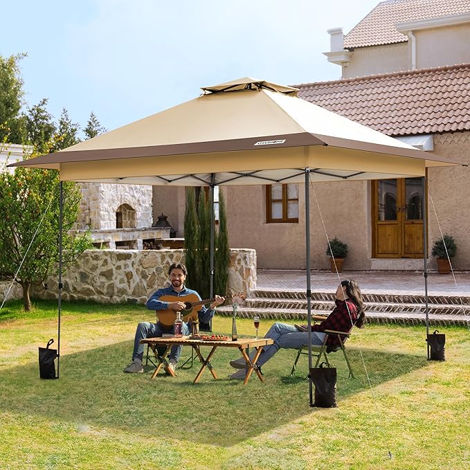 VIVOHOME10x10ft Pop Up Canopy Tent One Push Setup Outdoor Portable Shelter Tent Heavy Duty with Wheel Carry Bag and 4 Sandbags,2 Tiers Roof for Patio Garden Backyard, Beige
