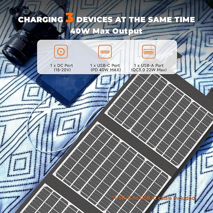 40W Foldable Solar Panel with USB-C PD 40W, 5V USB-A QC3.0, DC18-20V Ports, Folding Solar Panel for Traveling, Camping, Backpacking, Compatible with Phone, iPad, Power Station