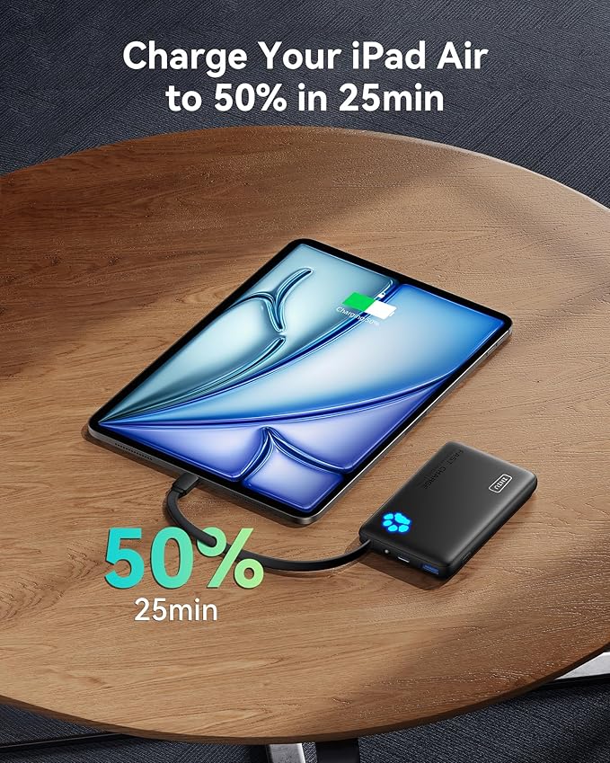INIU PawGo Portable Charger, 45W PD 10000mAh Fast Charging Slim Power Bank, Built-in USB C Cable Battery Pack, Travel Essentials Powerbank for iPhone 16/15 Pro Max, Samsung S25/S24 etc, Sunset Burst