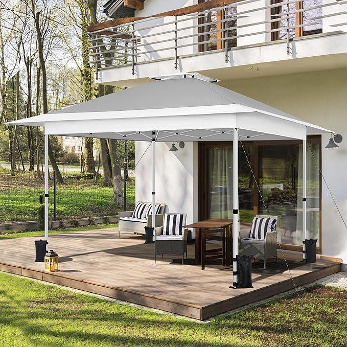 Yaheetech 13x13 Pop Up Canopy Tent, Straight Leg Easy Set-up Height-Adjustable Folding Shelter w/Extending Eaves Set W/Sandbags & Rolling Storage Bag & Ground Anchors & Guy Lines，Light Gray/White