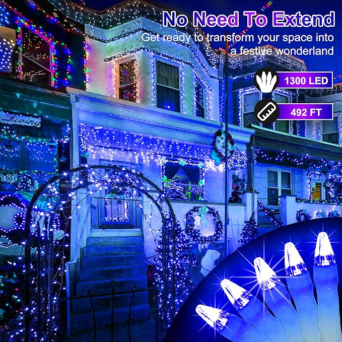 492FT Christmas Lights Outdoor, 1300 LED Extra Long LED String Lights 8 Modes Christmas Tree Lights, with Timer & Momory Function Waterproof Decorations for Xmas Yard Tree Party Home Garden Blue